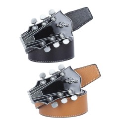 Cintura in pelle con fibbia in metallo a forma di chitarra