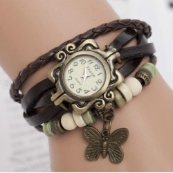 Bracelet multicouche vintage - avec montre à quartz - perles / papillon