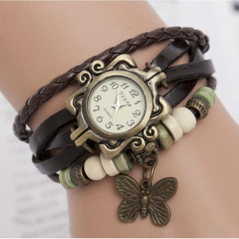 Bracelet multicouche vintage - avec montre à quartz - perles / papillon