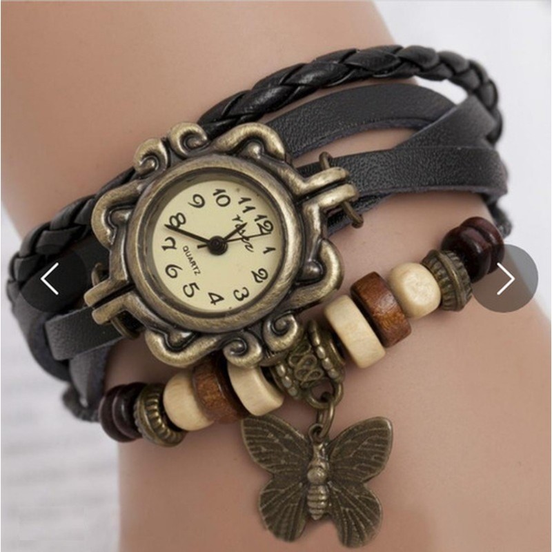 Bracelet multicouche vintage - avec montre à quartz - perles / papillon