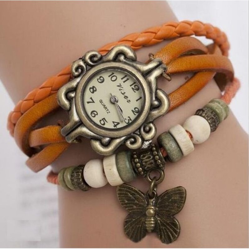 Bracelet multicouche vintage - avec montre à quartz - perles / papillon
