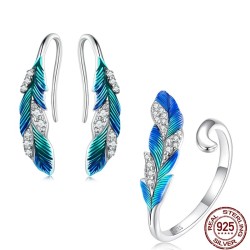 Elegante set di gioielli - orecchini - anello - piuma blu-verde con cristalli - argento 925