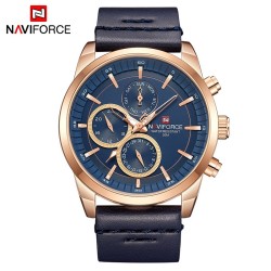 NAVIFORCE - montre à quartz tendance - bracelet cuir - étanche - or rose / bleu