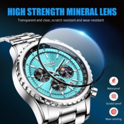 LIGE - montre à quartz de luxe - lumineuse - acier inoxydable - étanche - bleu