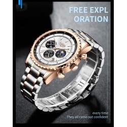 LIGE - montre à quartz de luxe - lumineuse - acier inoxydable - étanche - or rose / blanc