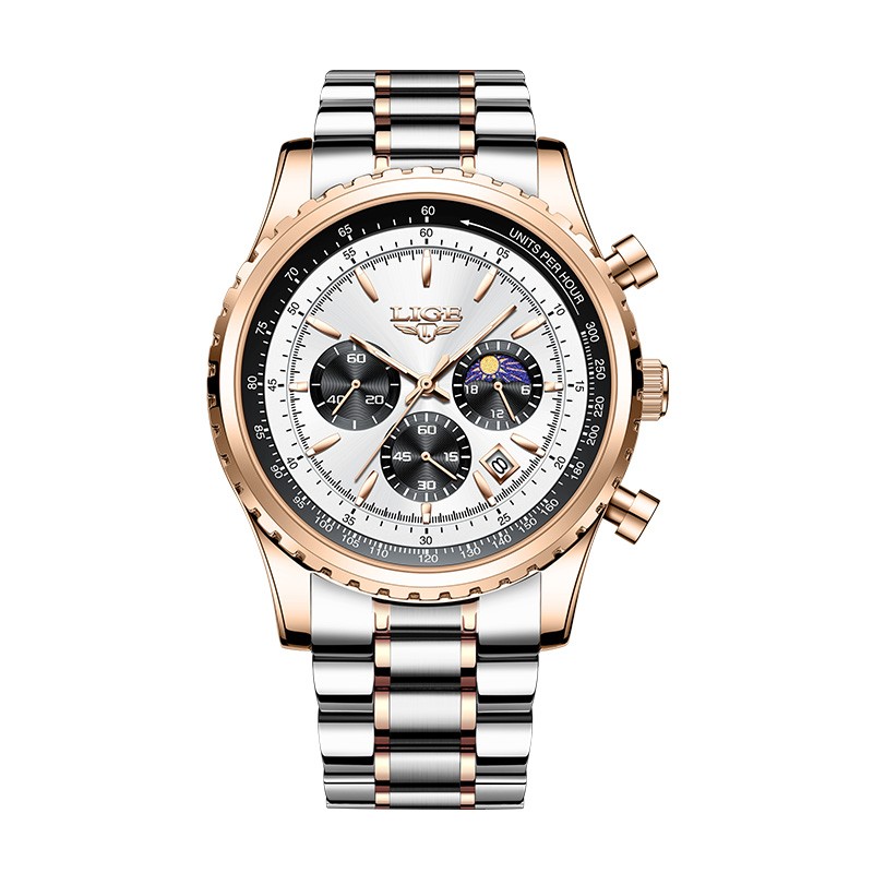 LIGE - montre à quartz de luxe - lumineuse - acier inoxydable - étanche - or rose / blanc