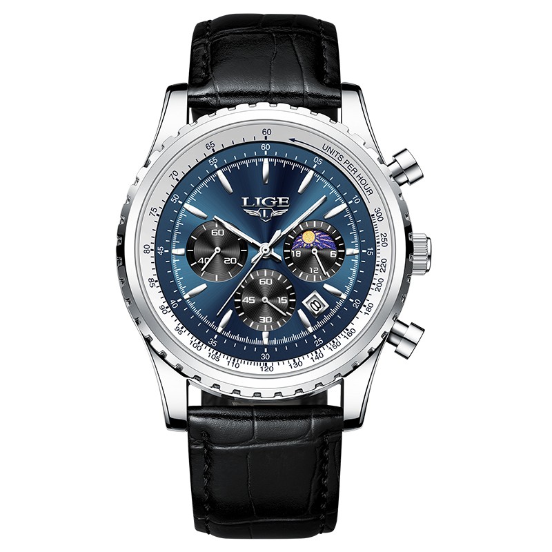 LIGE - orologio al quarzo di lusso in acciaio inossidabile - luminoso - cinturino in pelle - impermeabile - blu