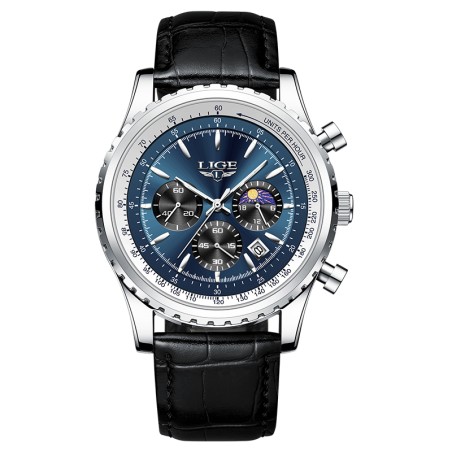 LIGE - orologio al quarzo di lusso in acciaio inossidabile - luminoso - cinturino in pelle - impermeabile - blu