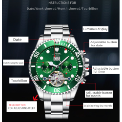 TEVISE - elegante orologio automatico - acciaio inossidabile - impermeabile - argento/nero