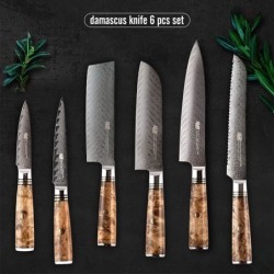 Set coltelli Damasco - lama affilata - manico in legno - supporto magnetico - 6 pezzi