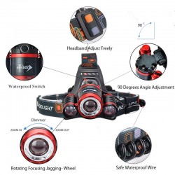 Forehead headlight - zoom flashlight - torch - 3 XML-T6 LED lampSport & Outdoor