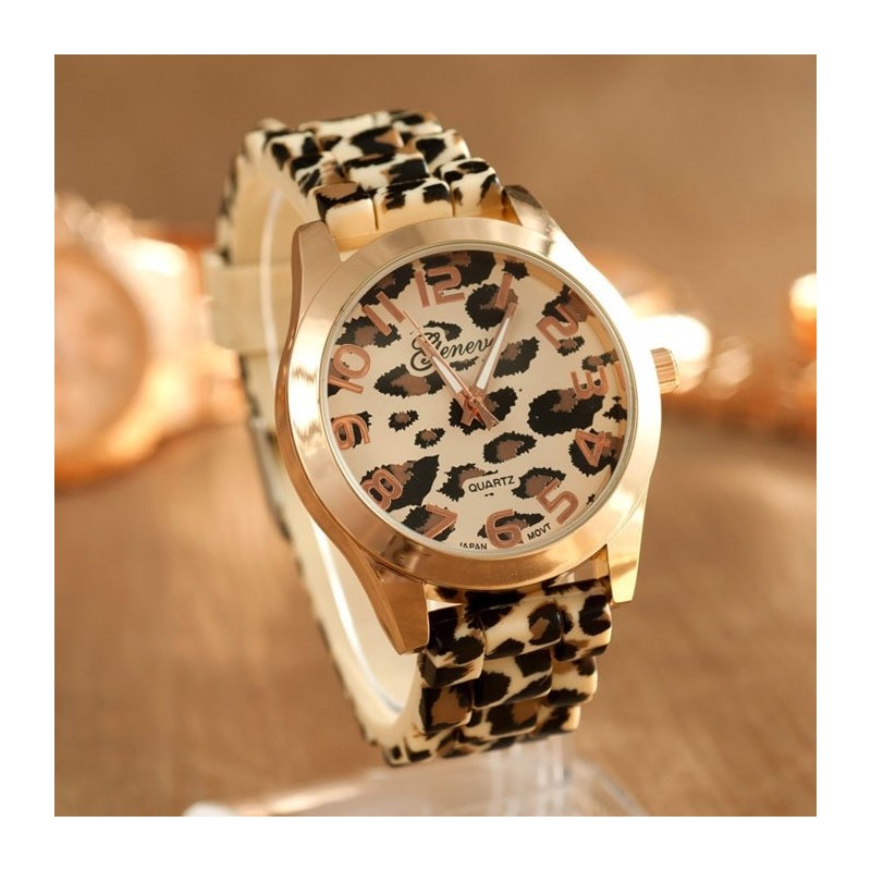 Montre en acier inoxydable tendance avec motif léopard - bande silicone