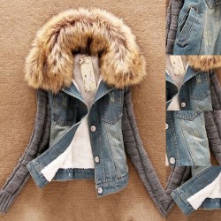 Fashionable denim & fleece short jacket with detachable fur collarJackets